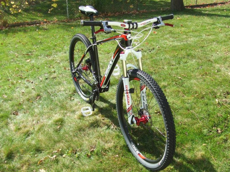 Giant Talon 29er: A black and red mountain bike standing on green grass, showcasing its front suspension, large knobby tires, and a sleek frame design. The bike is positioned at an angle, highlighting the handlebars, wheels, and gear setup.