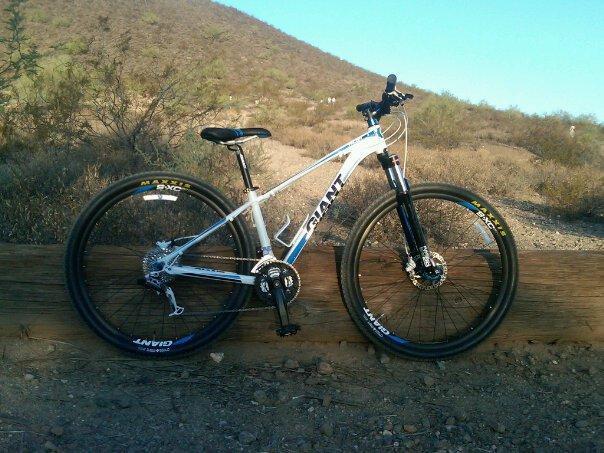 Giant Talon 29er: A white mountain bike leaning against a log in a desert landscape, with brown hills and sparse vegetation in the background. The bike features black wheels and components, and is positioned under a clear blue sky.