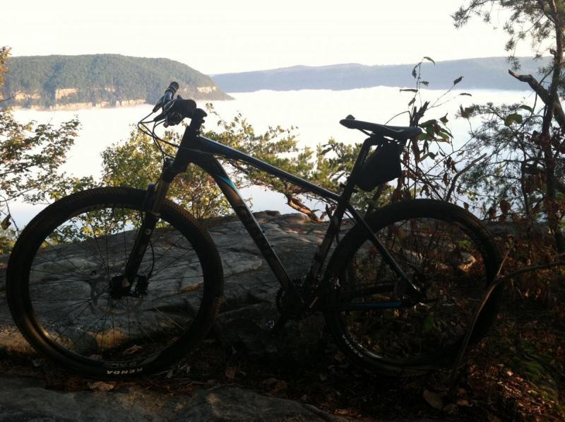 Giant Talon 29er: A mountain bike resting on a rocky outcrop, surrounded by greenery, with a scenic view of a fog-covered valley and distant hills in the background.