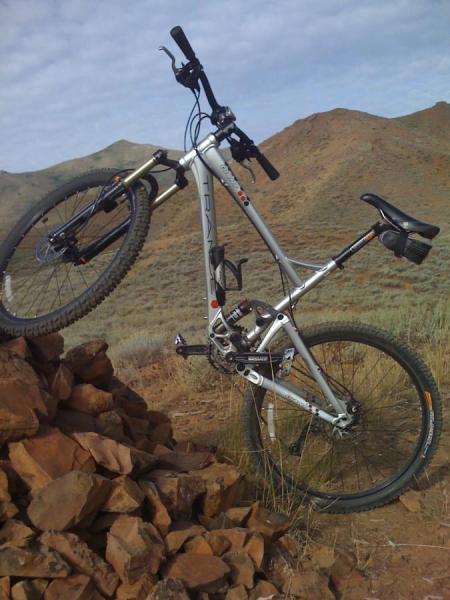 Giant Trance: A silver mountain bike balanced on a pile of rocks, with a rugged, hilly landscape in the background under a cloudy sky.