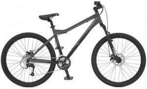 Giant Yukon: Mountain bike with a gray frame, front suspension, and disc brakes, set against a neutral background.