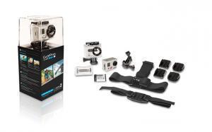 GoPro HD Hero 2: GoPro action camera in packaging with accessories, including mounts and straps, arranged on a white background.