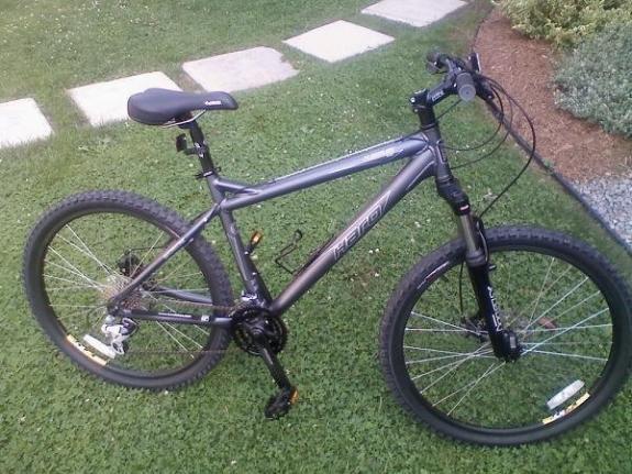 Haro Flightline Sport: A gray mountain bike with thick tires, a comfortable seat, and various gears is parked on a grassy lawn beside a stone walkway.