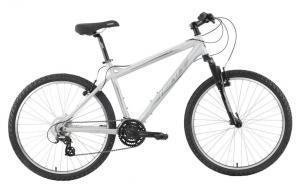 Haro Flightline Two: A silver and black mountain bike with a lightweight frame, front suspension, and knobby tires, positioned against a plain white background.