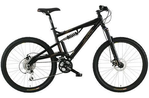 Haro Shift R1: A black mountain bike with front suspension, disc brakes, and knobby tires, positioned on a white background. The bike features a lightweight frame, multiple gears, and a comfortable saddle.