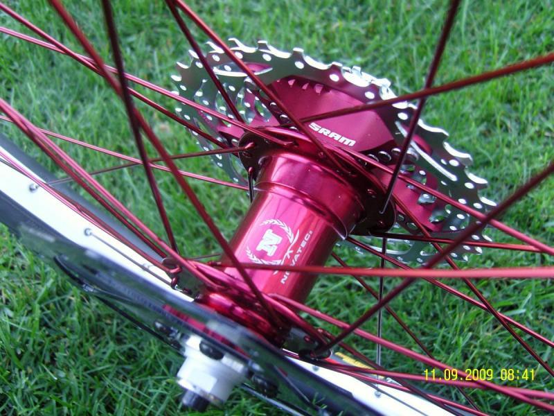 Haro V4: Close-up of a bicycle wheel hub featuring a red SRAM hub with a disc brake rotor, surrounded by red spokes, against a green grass background.