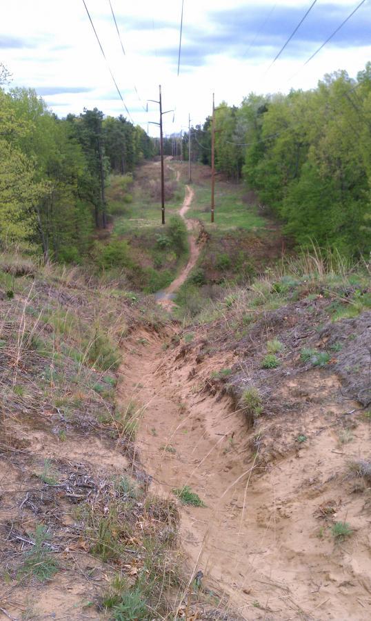 A dirt path winding through a wooded area, with power lines stretching overhead. The landscape features green foliage and a sandy trail that leads into the distance, flanked by gentle slopes on either side. The sky is partly cloudy, creating a serene, natural setting. Cemetery Loop mountain bike trail.