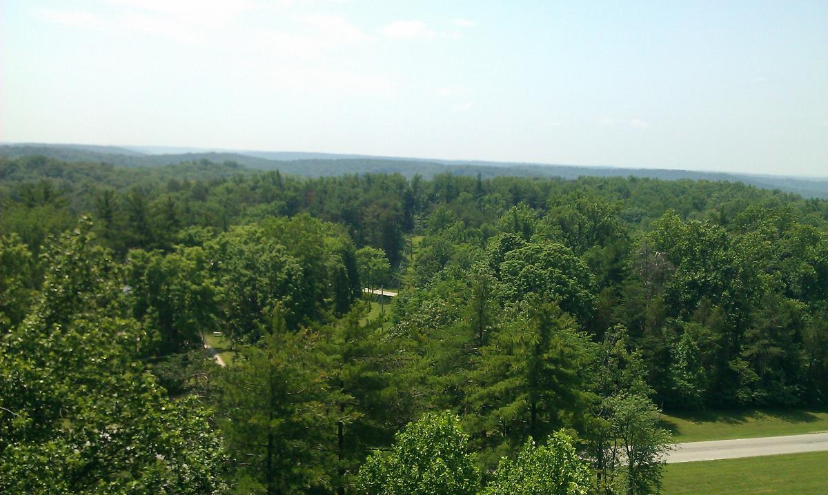 A panoramic view of a lush green landscape under a clear blue sky, showcasing dense forests and rolling hills in the distance. A winding road can be seen cutting through the greenery, enhancing the serene and natural setting. O'bannon Woods mountain bike trail.