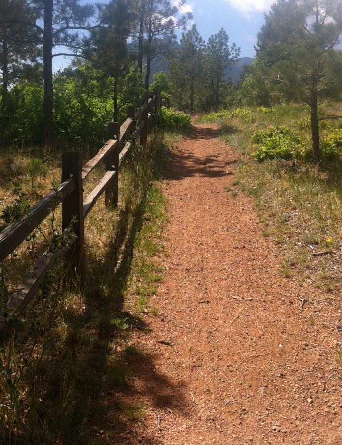 A winding dirt path flanked by a wooden fence, surrounded by green bushes and pine trees under a partly cloudy sky. The trail leads into a forested area with sunlight casting shadows on the ground. Stratton Open Space / The Chutes mountain bike trail.