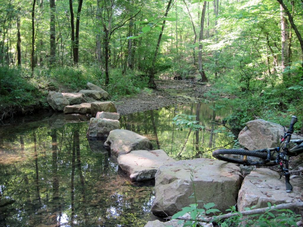 A tranquil forest scene featuring a shallow creek with smooth stones creating a natural crossing. Lush greenery surrounds the water, reflecting the trees above. On the right, a mountain bike rests on the rocks, suggesting a picnic or adventure in nature. Lovit: Bear Mountain mountain bike trail.