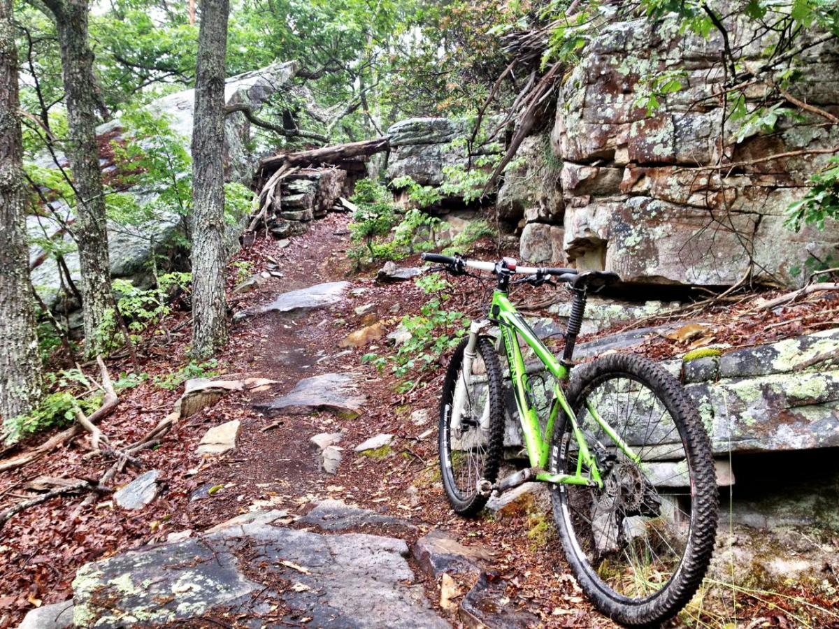 A mountain bike leaning against a rocky outcrop beside a narrow dirt trail surrounded by trees. The path is wet and lined with scattered stones, indicating a damp, natural environment. Raccoon Mountain Trail Network mountain bike trail.