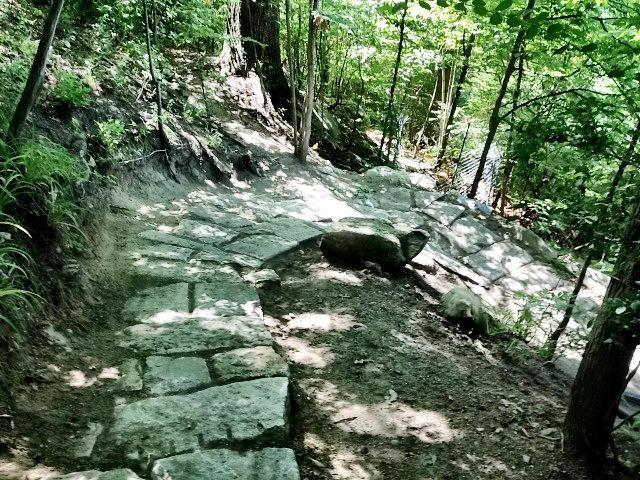 A winding stone pathway through a lush forest, surrounded by trees and greenery, with patches of sunlight filtering through the leaves. The path appears uneven, with stones and dirt visible, and a few larger boulders along the way. Northbank Trail mountain bike trail.
