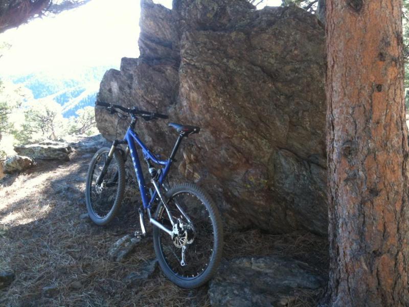 Ibex Asta Pro: A blue mountain bike leaning against a large rock, surrounded by pine trees and rocky terrain. The background features a distant view of rolling hills under a clear sky.