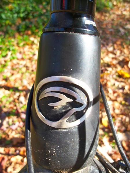 Ibex Maroc 29: Close-up of a black bicycle head tube featuring a silver logo, surrounded by fallen autumn leaves.