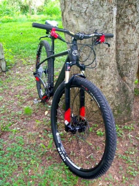 Ibex Maroc 29: A black and red mountain bike leaning against a tree, situated on a grassy area. The bike features thick tires, a sturdy frame, and prominent handlebars, showcasing its design for off-road riding.