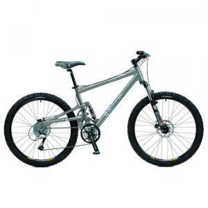 Alt text: A silver mountain bike with a full suspension frame, wide tires, and disc brakes. The bike is positioned against a plain background.