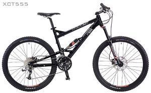 KHS XCT 555: A black mountain bike with a durable frame, featuring wide tires, front suspension, and disc brakes. The bike is designed for off-road cycling and includes multiple gears for various terrains. The model name "XCT555" is displayed in the upper left corner.