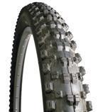 Kenda Nevegal: Close-up of a rugged, knobby tire designed for off-road cycling, showcasing the tread pattern and curved profile.