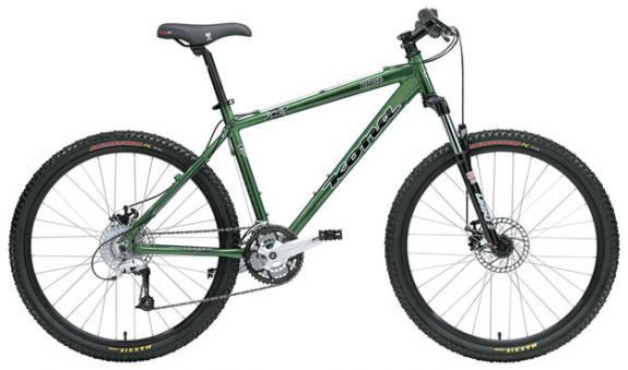 Kona Blast: A green mountain bike featuring thick tires, front suspension, and multiple gears. The design is rugged, suitable for off-road terrain, with disc brakes and a lightweight frame.