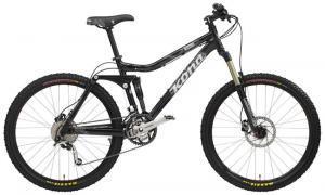 Kona Dawg: A black mountain bike with front suspension, wide tires, and disc brakes, featuring a sleek design and the brand name "Kona" prominently displayed on the frame.