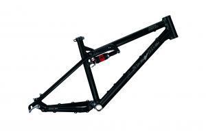 Liteville 301: A black bicycle frame with a prominent shock absorber, displayed against a plain white background. The frame showcases a modern design, suitable for mountain biking or trail riding.