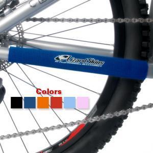 Lizard Skins Jumbo Chain Stay Guard: Blue bike frame protector with a logo, displayed alongside a color selection that includes black, red, orange, light blue, and pink.