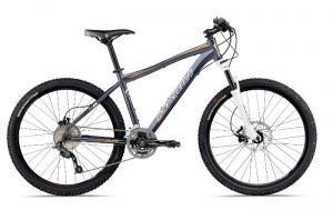 Marin Hawk Hill: Mountain bike with a gray frame, front suspension, disc brakes, and knobby tires, positioned against a neutral background.