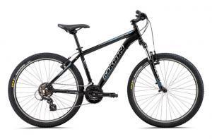 Marin Pioneer Trail: A black and blue mountain bike with a sturdy frame, wide tires, and a comfortable seat, positioned against a plain white background.