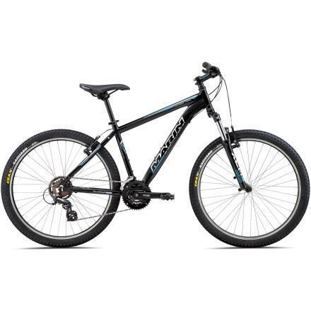 Marin Pioneer Trail: A black and blue mountain bike with a sturdy frame, featuring mountain tires, a gear shifter, and a comfortable seat, positioned against a plain background.