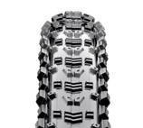 Maxxis Aspen: Close-up view of a tire tread showcasing an aggressive design with deep grooves and alternating patterns, suitable for off-road or rugged terrain.
