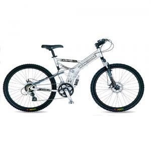 Mongoose Blackcomb: Mountain bike with a silver frame, featuring thick tires, front suspension, and disc brakes.