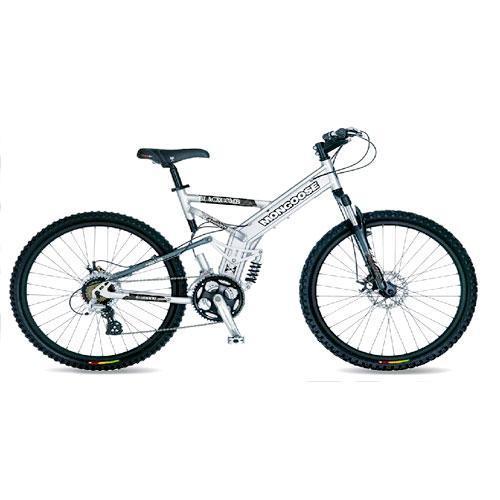 Mongoose Blackcomb: A silver mountain bike with dual suspension, disc brakes, and knobby tires, featuring a sleek frame design and multiple gears.