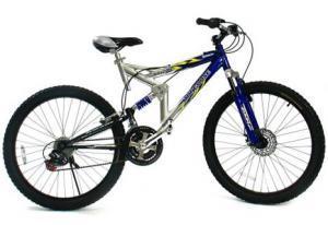 Mongoose XR-200: A blue and silver mountain bike with a dual suspension system, featuring wide tires, a comfortable seat, and a set of handlebars.