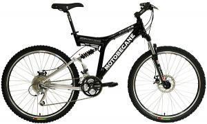 Motobecane 700DS: A black and silver mountain bike with a suspension system, featuring a sleek frame and rugged tires, designed for off-road cycling. The bike displays the "Motobecane" logo prominently on the frame.