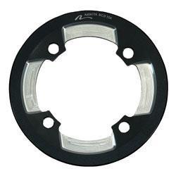 Nashbar Mountain Bike Bashguard: Black bicycle chainring guard with a circular shape, featuring five cutouts and clear sections.