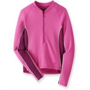 Novara Arosa (Womens): A long-sleeve, pink zip-up athletic shirt with a high collar and contrasting darker sleeves. The shirt features a zippered front for easy wear.