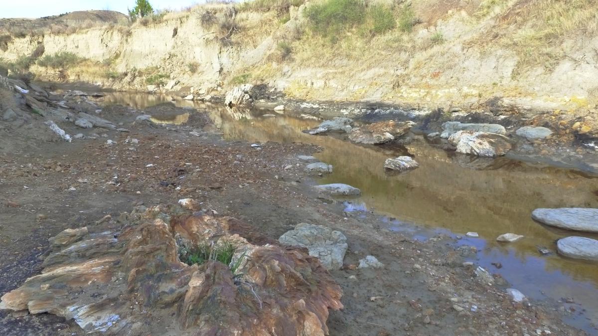 A serene landscape showing a narrow, shallow creek winding through rocky terrain. The banks are lined with exposed earth, scattered stones, and patches of grass. The water reflects the surrounding earthy tones and textures, creating a tranquil natural scene. Maah Daah Hey mountain bike trail.