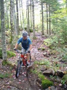 A person riding a mountain bike on a narrow, wooded trail surrounded by trees. The ground is covered with fallen leaves and rocks, indicating a rugged terrain. The cyclist is wearing a helmet and a blue shirt, focused on navigating the trail. Wanvaldez