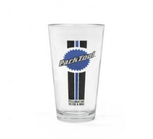 Pint Glass: A clear pint glass featuring the logo of Park Tool, which includes a blue circle with a gear motif and the words "Park Tool" above it, accompanied by the phrase "It