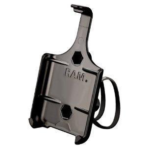 RAM iPhone Mount: Black RAM phone holder with a rugged design, featuring a mount for secure attachment and a strap for added stability.