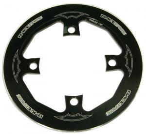 Race Face Bash Guard: Black bicycle chainring with a circular design featuring cutouts and the brand name "Race Face" printed around the edge.