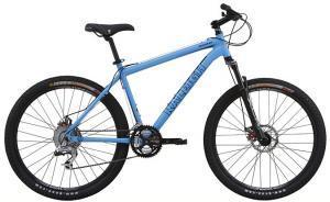 Raleigh Mojave 8.0: A blue mountain bike with a sleek frame, thick tires, and disc brakes, positioned upright against a plain background.