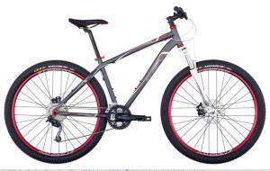 Raleigh Talus: Alt text: A modern mountain bike with a gray frame, red accent details, wide tires, and a front suspension fork, positioned to show its side profile.