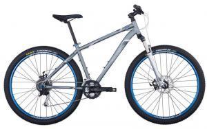 Raleigh Talus Sport 29: A silver mountain bike with blue accents, featuring a sturdy frame, disc brakes, and knobby tires designed for off-road terrain.