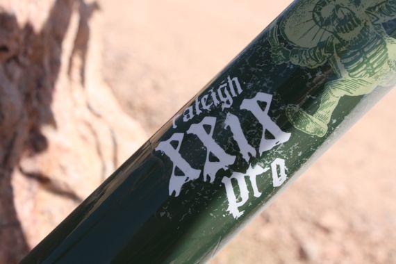 Raleigh XXIX Pro: Close-up view of a green bicycle frame featuring the text "Raleigh XX18 Pro" in a stylized white font, accompanied by a graphic illustration of a skeleton. The background shows a blurred natural setting.