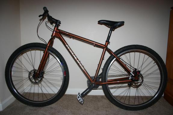 Redline D440 29er: A mountain bike with a bronze-colored frame, wide tires, and disc brakes, positioned against a neutral wall. The bike features a single gear setup and is equipped with standard handlebars and a comfortable seat.