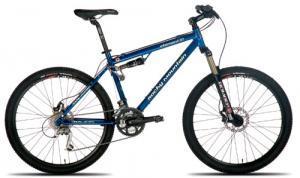 Rocky Mountain Element 10: Mountain bike in blue color with front suspension, disc brakes, and wide tires, showing a side view on a white background.