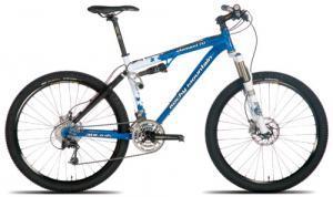 Rocky Mountain Element 70: A blue and silver mountain bike with full suspension, featuring thick tires and disc brakes, positioned on a white background.