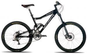 Rocky Mountain Slayer 50: A black mountain bike with a sleek frame and thick, knobby tires, designed for off-road riding. The bike features a front suspension, gear shifters, and a comfortable seat.