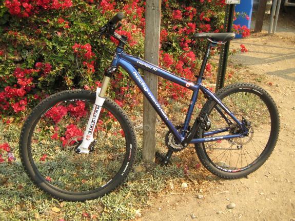 Rocky Mountain Vertex 10: A blue mountain bike leaning against a wooden post, surrounded by vibrant pink bougainvillea flowers. The bike features thick tires and a front suspension fork, with a dirt path visible in the background.